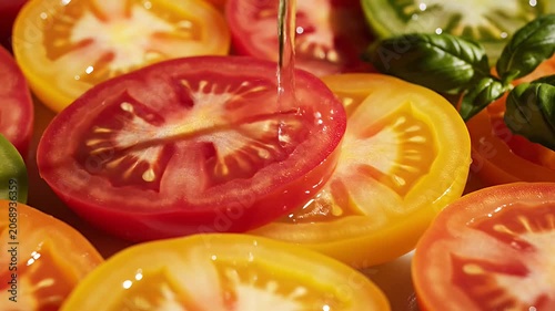 Slices of colorful heirloom tomatoes and basil on marble