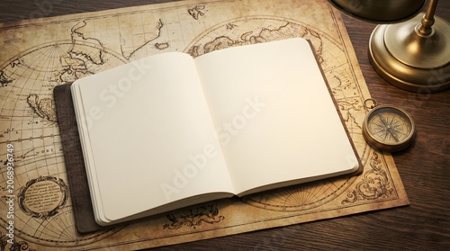 Concept, Travel, Open Blank Notebook on Vintage World Map Background. generic cloth binding with unprinted cream pages featuring engineering grid