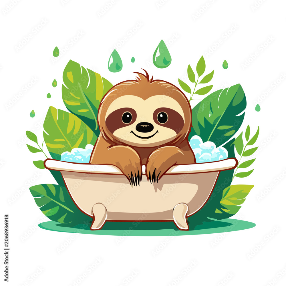 Obraz premium Cute cartoon sloth taking a bath with bubbles and leaves