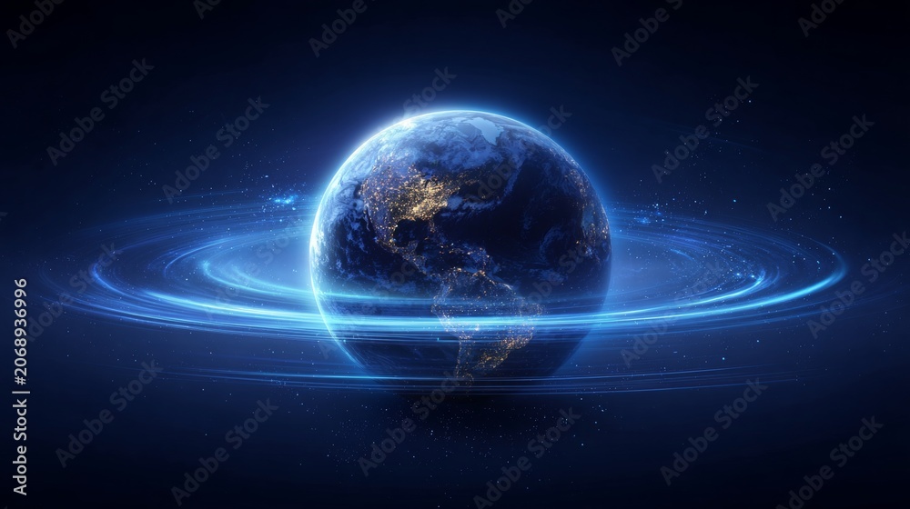 Fototapeta premium Planet Earth surrounded by glowing light rings symbolizing protection