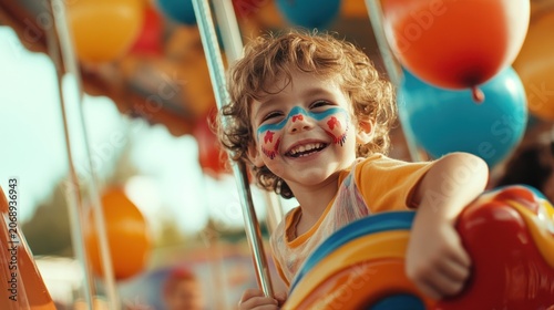 Joyful child laughing on a colorful carousel.