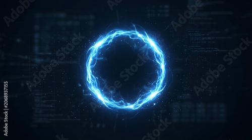 Abstract, Digital, Glowing Blue Circular Energy Ring Floating In Dark Digital Space. a single, pulsating, luminous blue ring of energy is centered