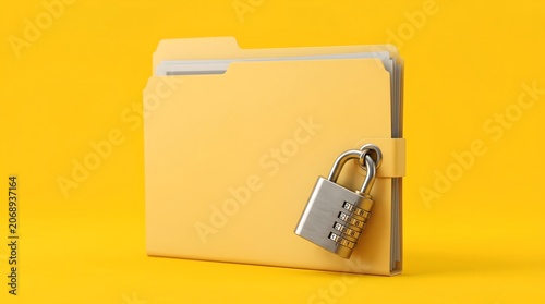 Privacy, Security. File folder and padlock illustration, privacy concept, yellow background Generative AI