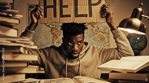 Stressed male student overwhelmed by textbooks in library.