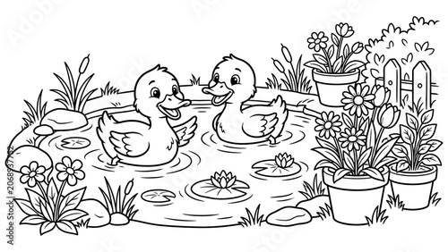 Coloring page featuring two small ducks swimming in a pond surrounded by flowers and plants