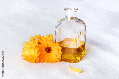 Small bottle of natural calendula essential oil with marigold flowers