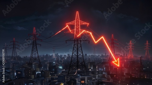 Power transmission lines with glowing red downward arrow over dark city skyline. Energy crisis and electricity price drop concept.