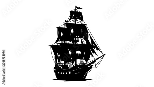 Photos Black Silhouette of a Pirate Ship: A menacing silhouette of a pirate ship with tattered sails, captured in black against a stark white background