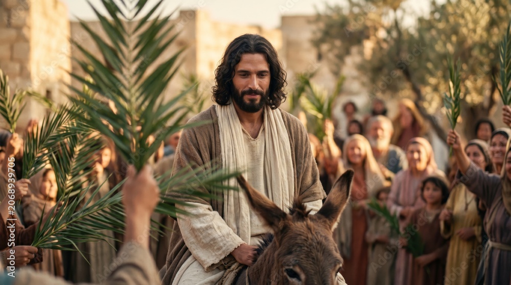 Obraz premium Man known as Jesus riding donkey arriving in Jerusalem. Crowd of people holding palm branch to welcome him. Biblical scene for Palm Sunday, historical religious event, faith concept.