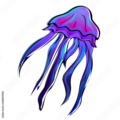 Vibrant hand drawn vector illustration of a stylized jellyfish featuring fluid black line art outlines and a glowing purple, magenta, and electric blue gradient fill, isolated on a white background.