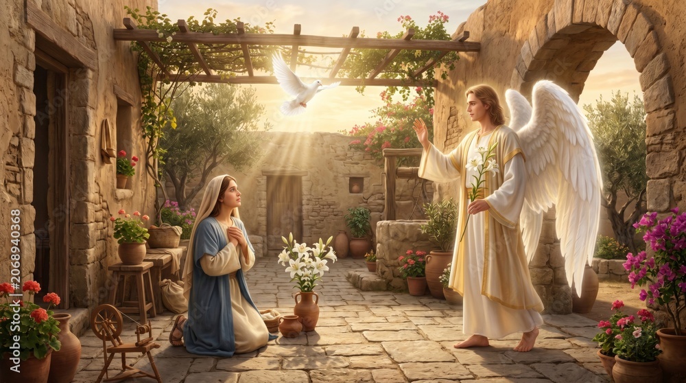 Obraz premium Angel Gabriel appearing to young woman Mary in Nazareth. Biblical annunciation scene with flying white dove. Christian religious event, spiritual encounter and faith illustration.