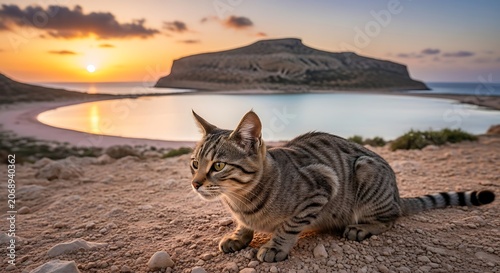 Tabby cat resting on sandy ground with scenic coastal sunset background