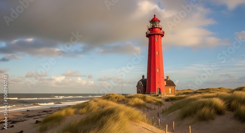 Tall red lighthouse structure on coastal dune landscape with ocean view