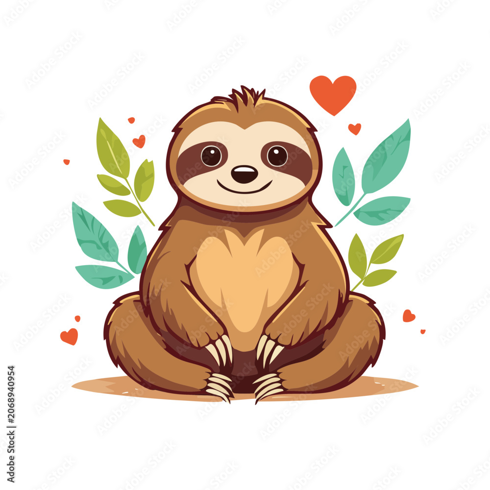 Obraz premium Cute cartoon sloth holding heart with leaves