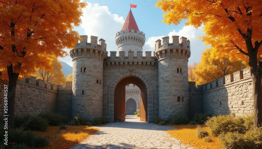 Naklejka premium Stone castle entrance with ancient walls and towers. Orange trees surround fortress pathway. Bright daylight shines on medieval architecture. Old world charm and history beckons exploration.