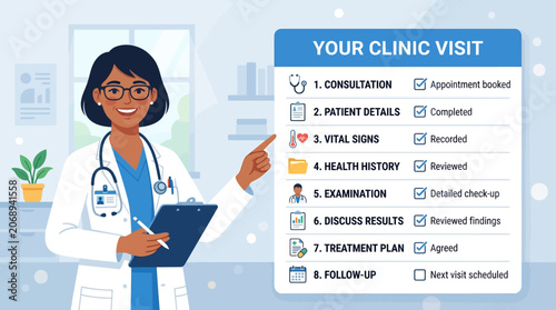 Medical professional pointing at clinic visit checklist illustration