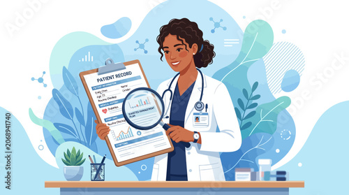 Medical professional reviews patient record with magnifying glass