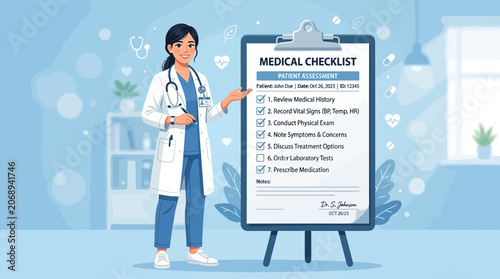 Medical professional pointing to a health checklist, illustration