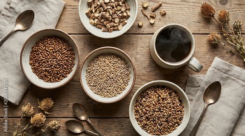 Bowls of healthy grains and a cup of black coffee on a rustic wooden table. decaf coffee substitutes. 