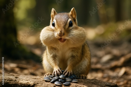 Cute chipmunk with puffed cheeks holding sunflower seeds on a forest log, captured with natural light and blurred woodland background. Ai generative