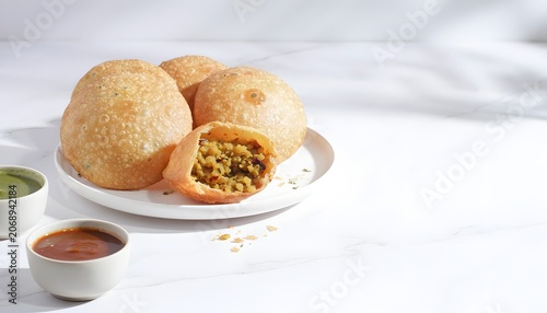 Delicious traditional Indian street food Khasta Kachori with spicy lentil stuffing on a white plate, generative AI illustration