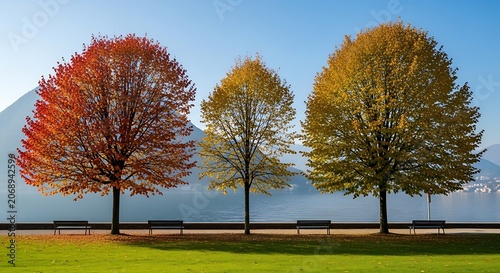 Three autumn trees in vibrant fall foliage stand in a row with a lake and mountain backdrop