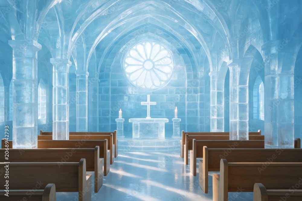 Naklejka premium Interior of an ice chapel with arched columns, wooden pews, and altar under soft light in creative architectural setting. Ai generative