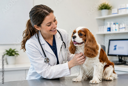 Premium Veterinary Healthcare Featuring Female Veterinarian and Healthy Cavalier King Charles Spaniel, Copy Space