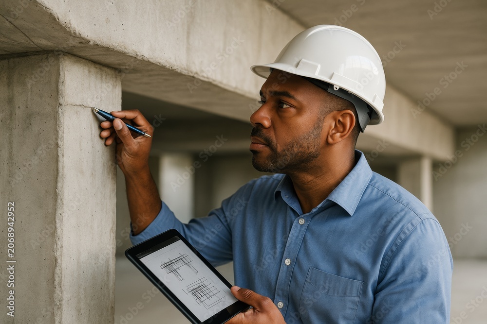 Naklejka premium Construction engineer inspecting concrete column with tablet in hand indoors, wearing safety helmet, under natural light background. Ai generative