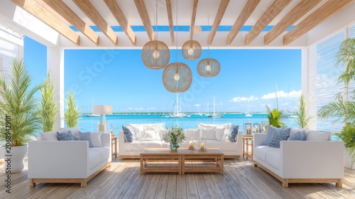 Luxurious outdoor living area overlooking a clear blue tropical harbor with numerous docked watercraft