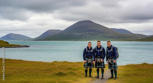 Three men in kilts standing outdoors by a lake with mountains