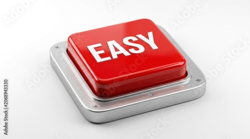 Red easy button resting on metallic bezel against a white studio background in sharp macro photography for marketing and web design