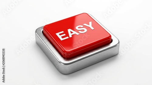 Red easy button resting on a bright surface with soft studio lighting in sharp macro focus for customer service and efficiency marketing