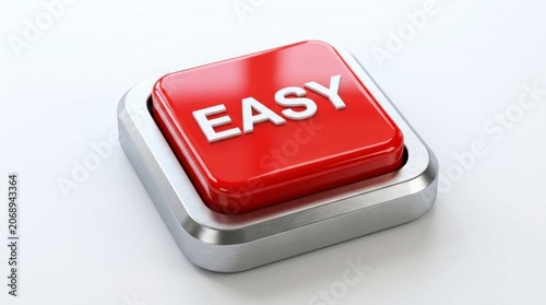 Red easy button with a polished metallic bezel on a white background in sharp macro studio focus for solution and simplicity marketing