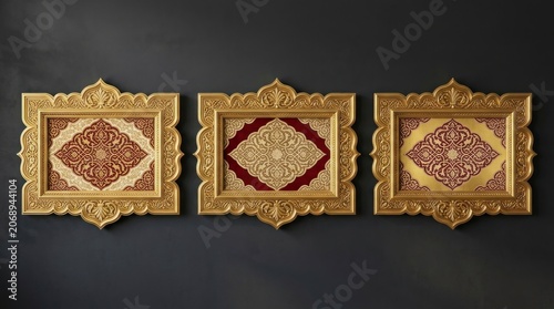 Islamic textile frames mounted on dark wall with gold filigree and sharp focus for luxury hotel interior design marketing