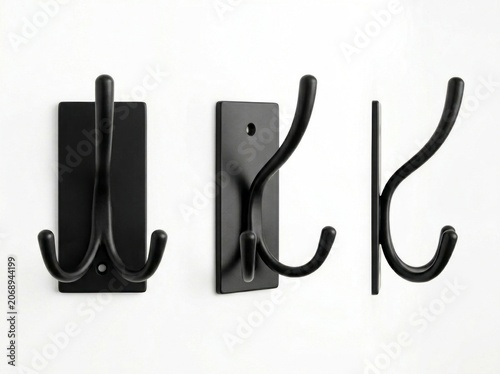 Matte black wall hooks displayed from multiple angles on a clean white background in sharp studio photography for home improvement catalogs