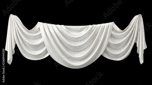 White silk fabric draped in elegant swags on black background with studio lighting for luxury event decoration marketing
