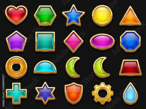 Glossy jewel interface icons with gold frames arranged on a black background in sharp macro focus for mobile game app development