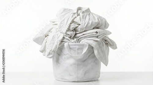Woven hamper piled with white garments against a bright backdrop in sharp high-key photography for domestic hygiene and housekeeping marketing