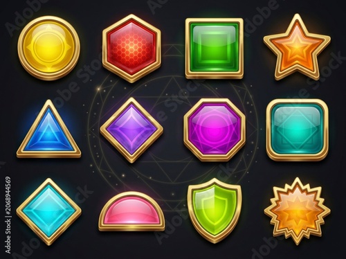 Glossy geometric buttons arranged in a grid on dark textured surface in sharp macro studio focus for mobile gaming app interface design