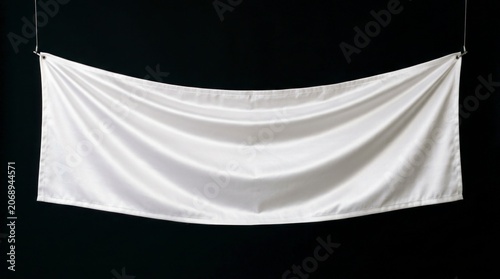 Pristine white fabric canvas hanging against a dark studio background with soft elegant folds for luxury branding and event marketing