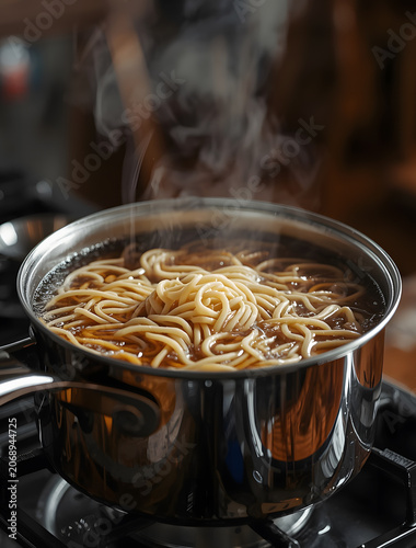 a close-up of instant noodles boiling in a stainless steel pot