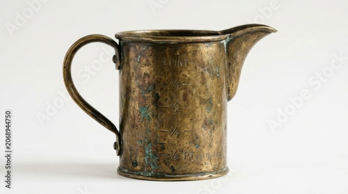 Antique brass pitcher with weathered patina on white background in sharp macro focus for vintage kitchenware marketing