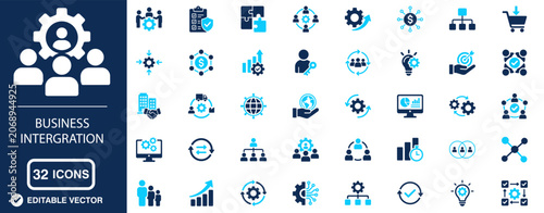 Business Integration and Workflow Automation Line Icon Set with System Connectivity, Process Optimization, Data Synchronization and Enterprise Operations Vector Symbols