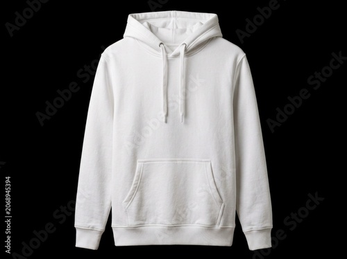 White hooded sweatshirt centered on black background in professional studio photography for apparel branding and fashion e-commerce marketing