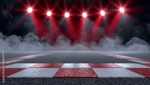 Red spotlights shine down over misty asphalt. Checkered finish line pulses with racing excitement. Smoke swirls below, adding dramatic tension. Perfect for motorsport events or adrenaline moments