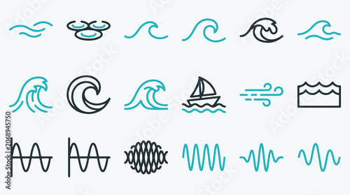 Fotografie Ocean waves and sound frequency line icons set in blue and grey