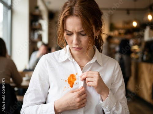 Young woman looking at food stain on white shirt in a cafe with sharp focus for laundry detergent or dry cleaning advertising