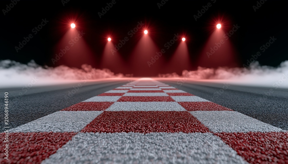 Naklejka premium Red and white checkered track stretches into darkness. Spotlights shine down, casting a dramatic glow. Smoke drifts softly along the edges. The road leads toward the finish line's anticipation