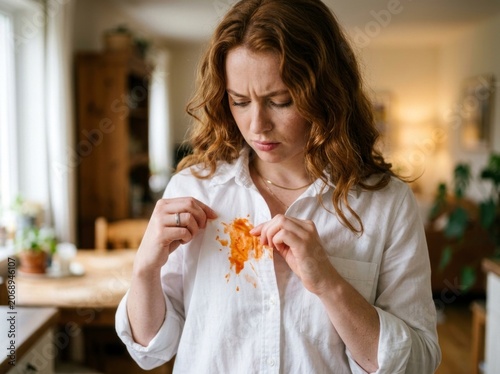 Food stain on white shirt worn by frustrated woman at home in sharp focus for cleaning service marketing